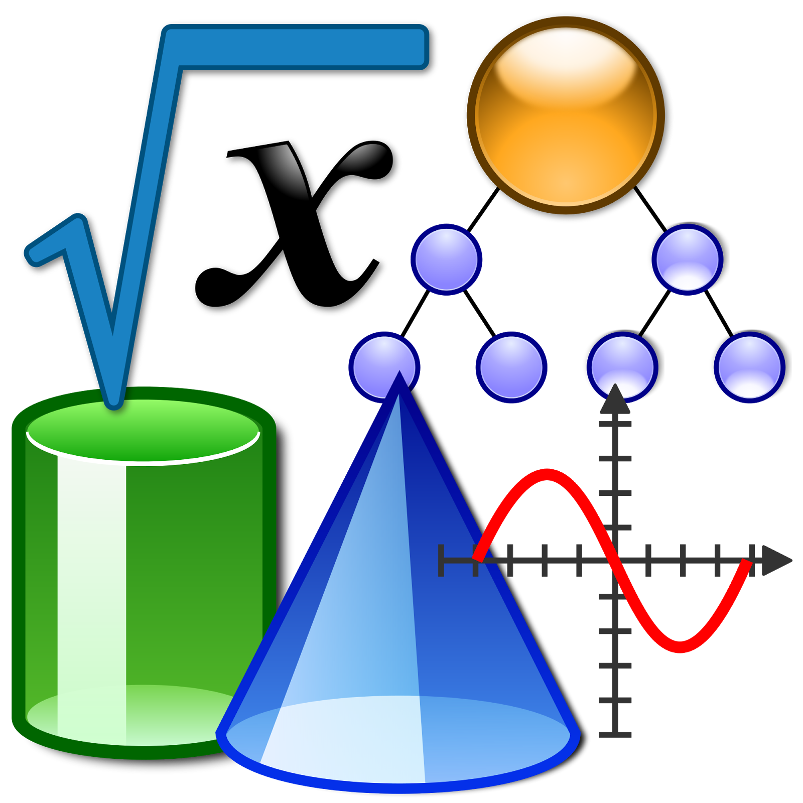 Green cylinder, blue cone, parabola, spheres and square root of x symbol